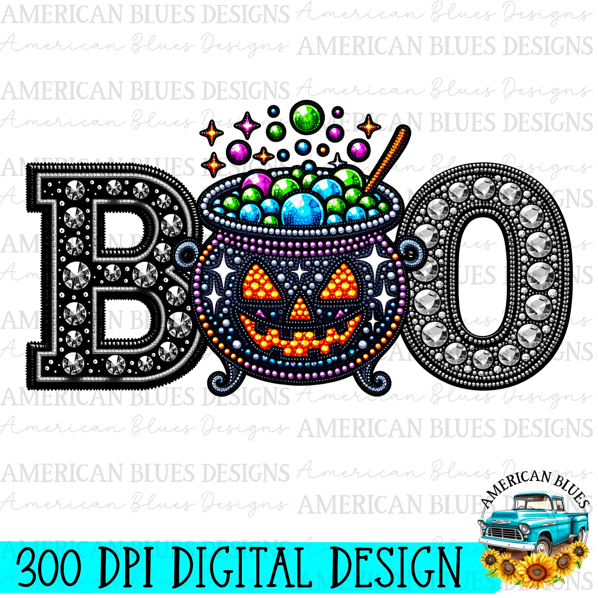 BOO rhinestone pumpkin cauldron digital design | American Blues Designs