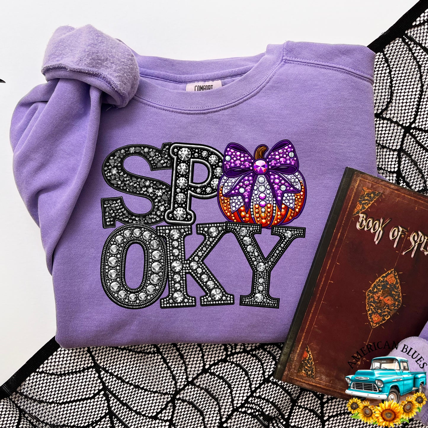 Spooky rhinestone pumpkin with purple bow digital design | American Blues Designs