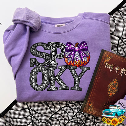 Spooky rhinestone pumpkin with purple bow digital design | American Blues Designs