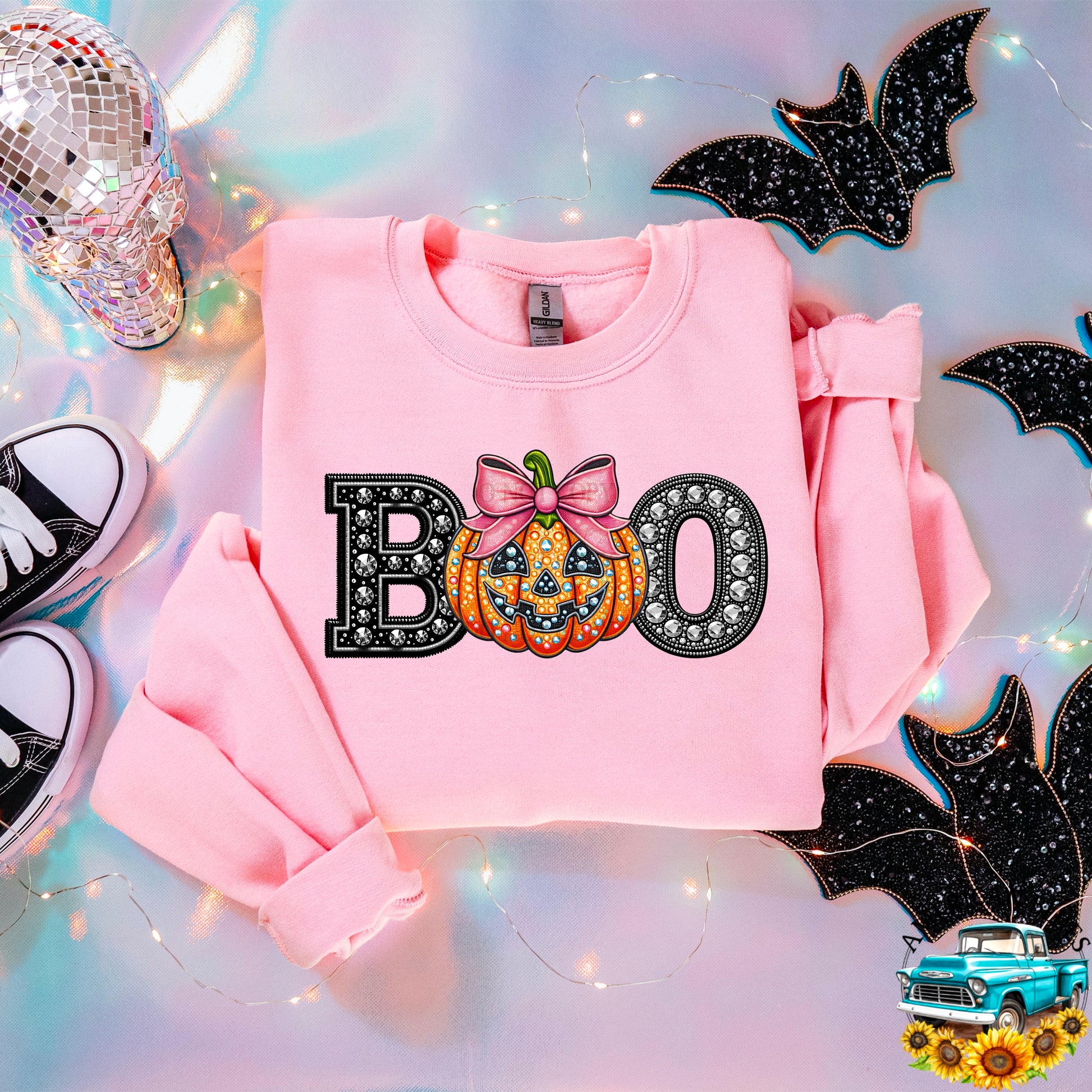 BOO rhinestone pumpkin with pink bow digital design | American Blues Designs