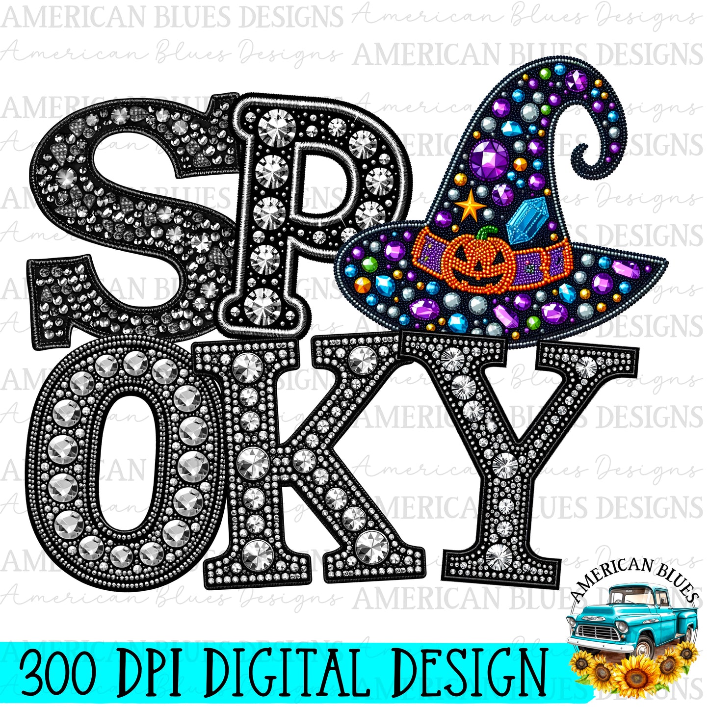 Spooky rhinestone pumpkin witch hat digital design | American Blues Designs