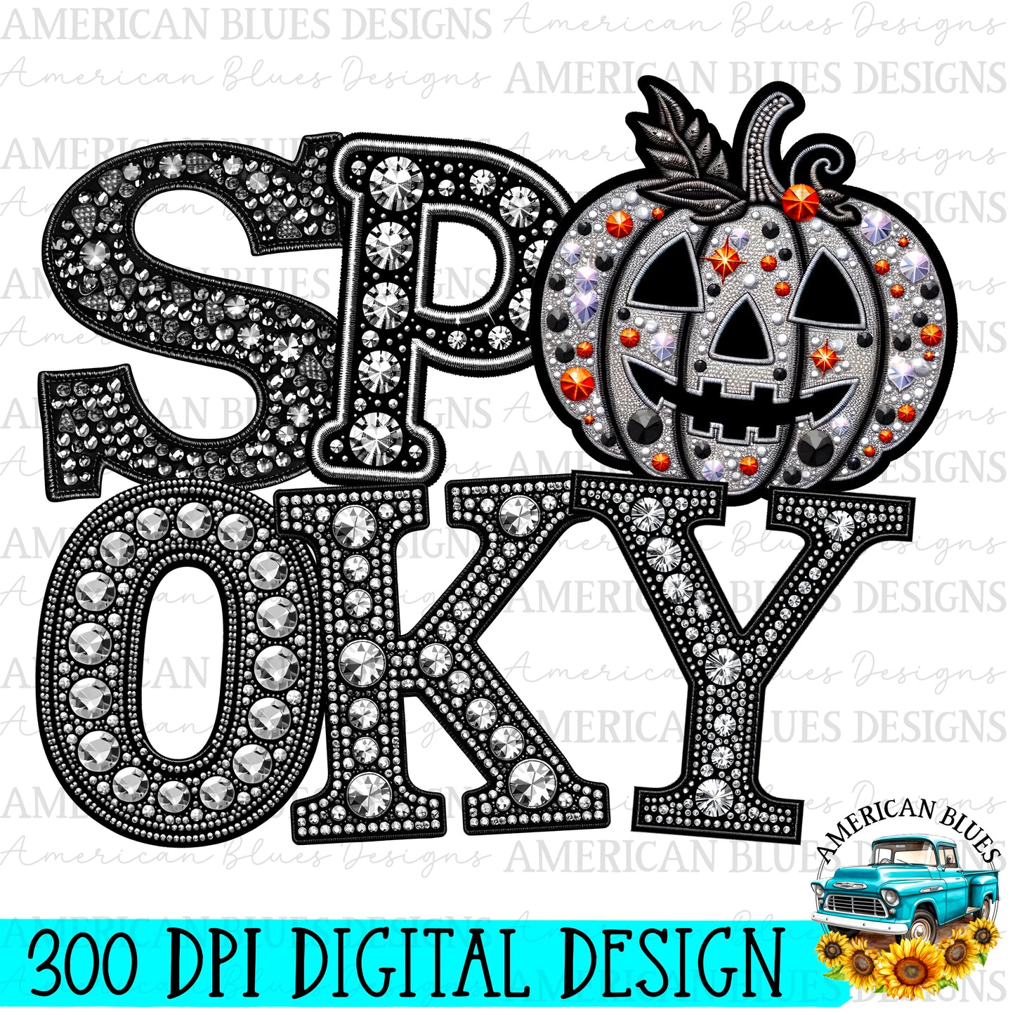 Spooky rhinestone color Jack O’Lantern digital design | American Blues Designs