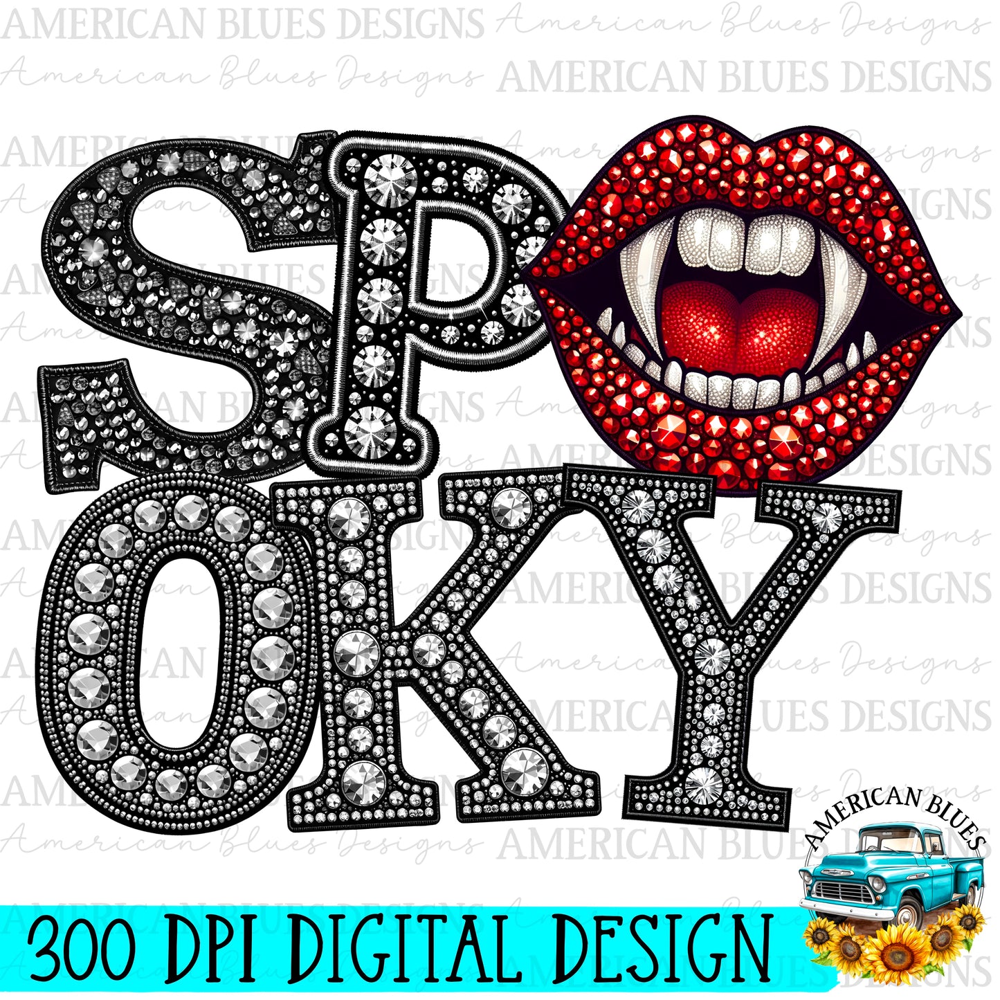 Spooky rhinestone Vampire fangs digital design | American Blues Designs