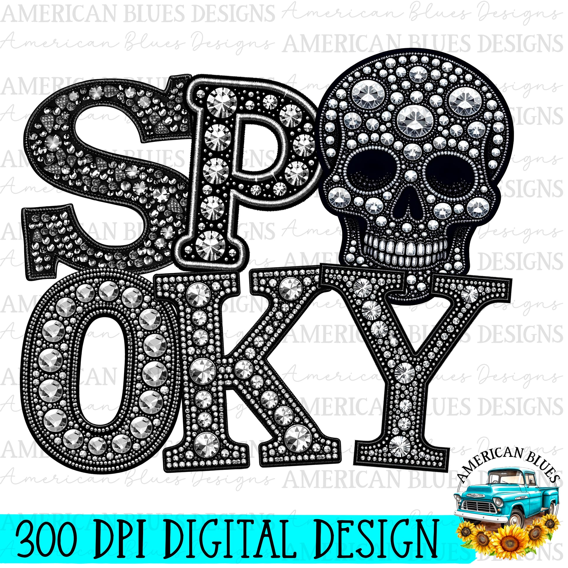 Spooky rhinestone skull digital design | American Blues Designs