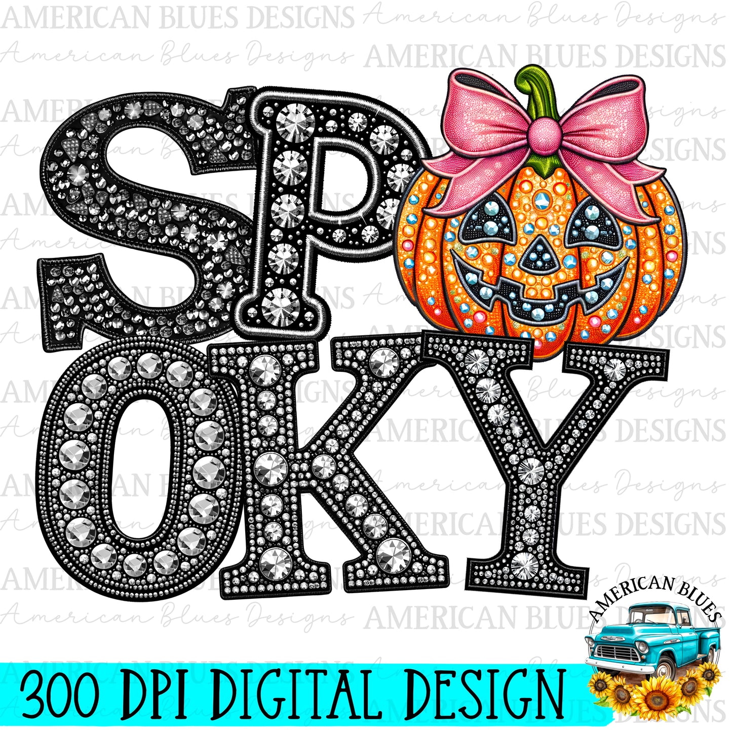 Spooky rhinestone Jill O’ Lantern with pink bow digital design | American Blues Designs