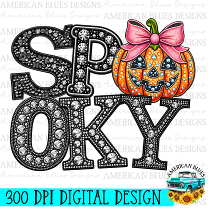 Spooky rhinestone Jill O’ Lantern with pink bow digital design | American Blues Designs