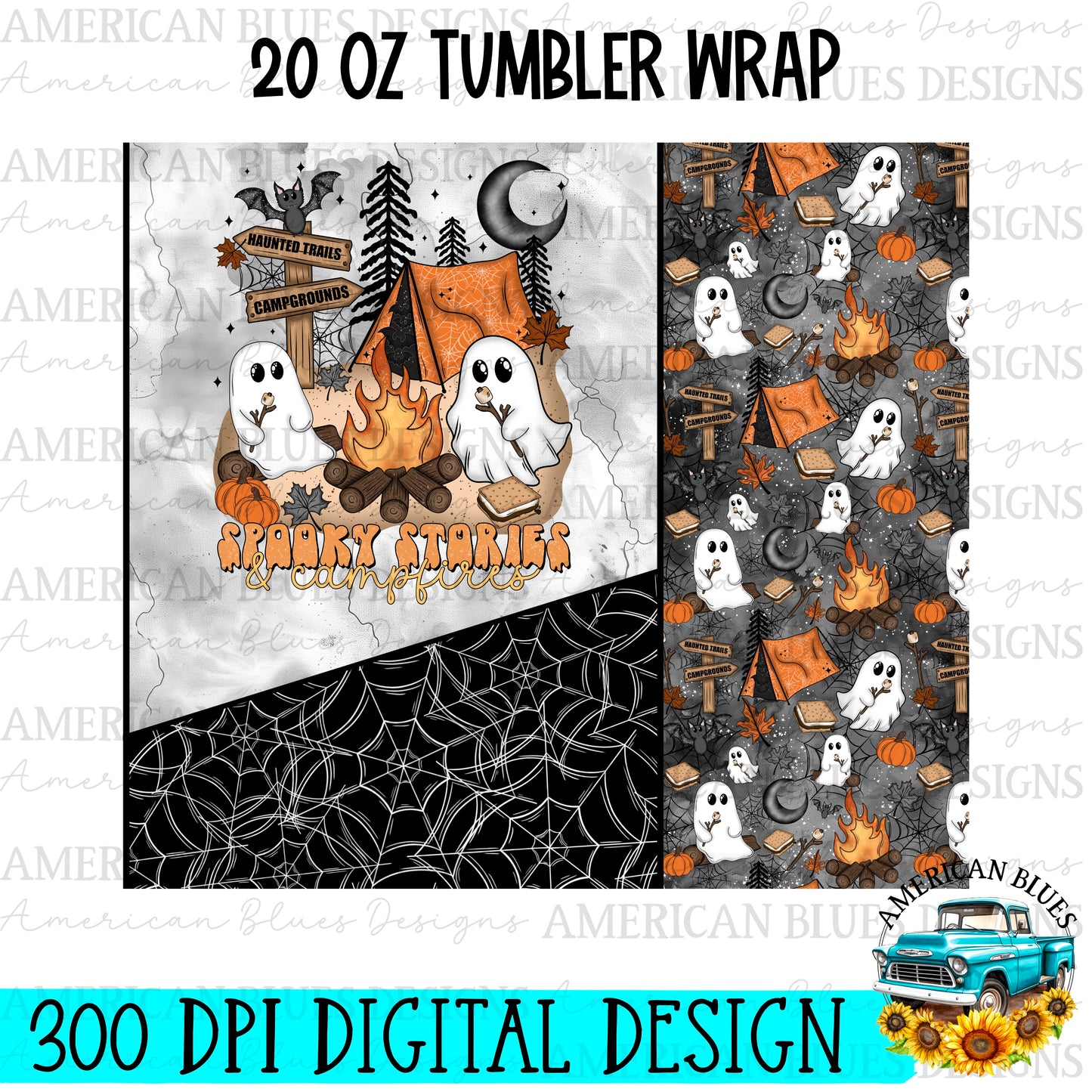 Spooky Stories and Campfires 20 oz tumbler wrap digital design | American Blues Designs