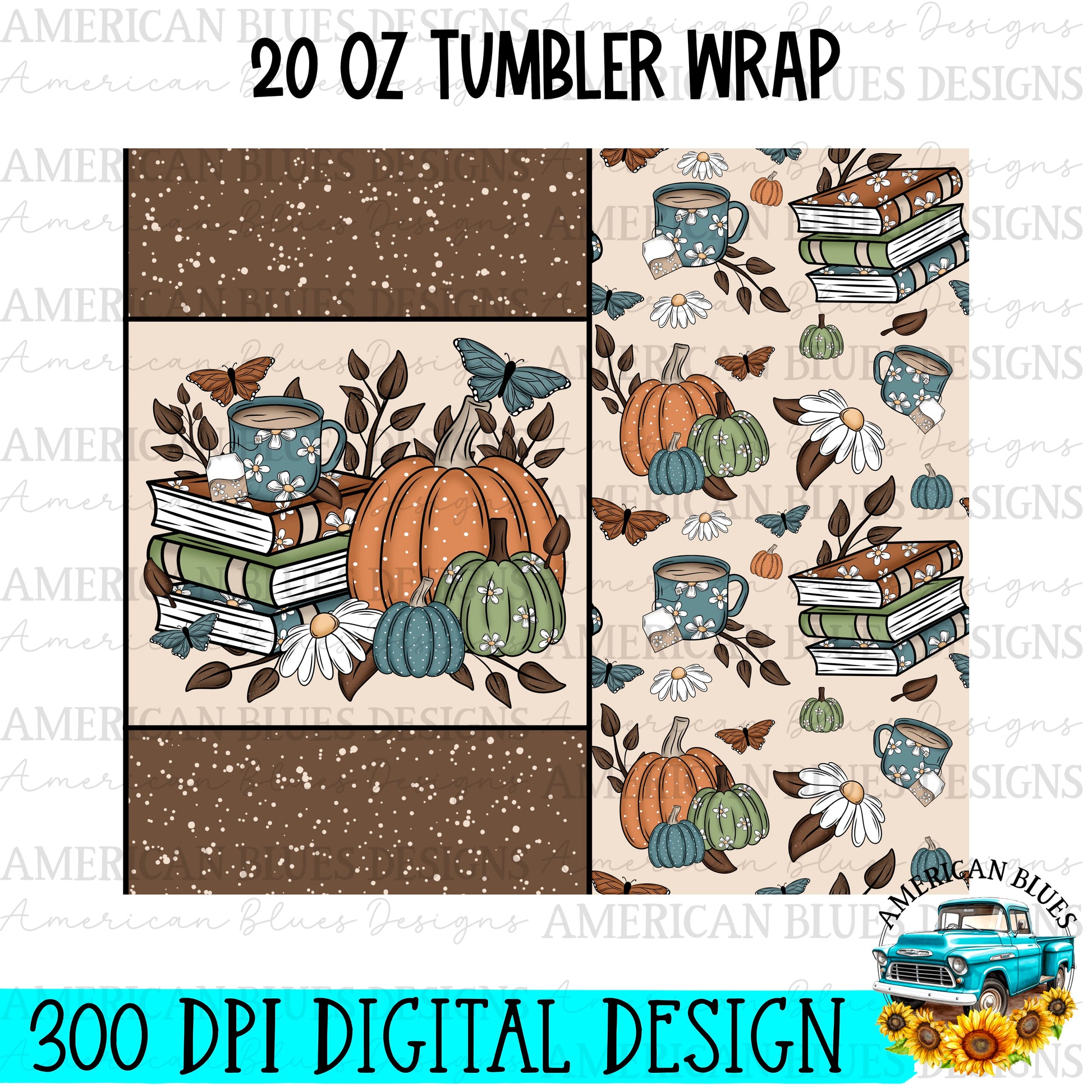 Cozy Fall Books 20 Oz tumbler wrap Digital design | American Blues Designs