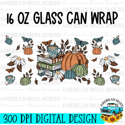 Cozy Fall Books 16 Oz glass can wrap Digital design | American Blues Designs