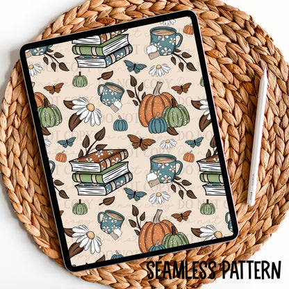 Cozy Fall Book Seamless Pattern Digital Design | American Blues Designs