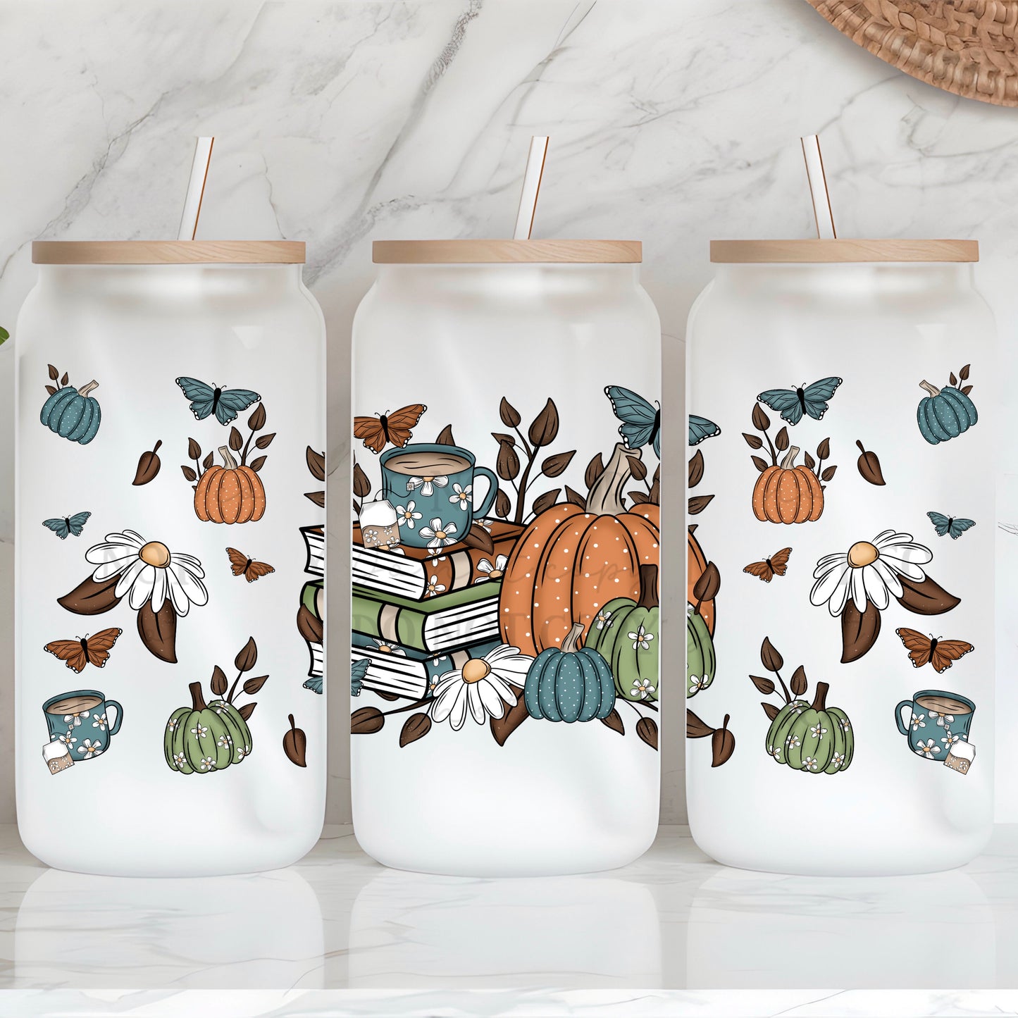 Cozy Fall Books 16 Oz glass can wrap Digital design | American Blues Designs