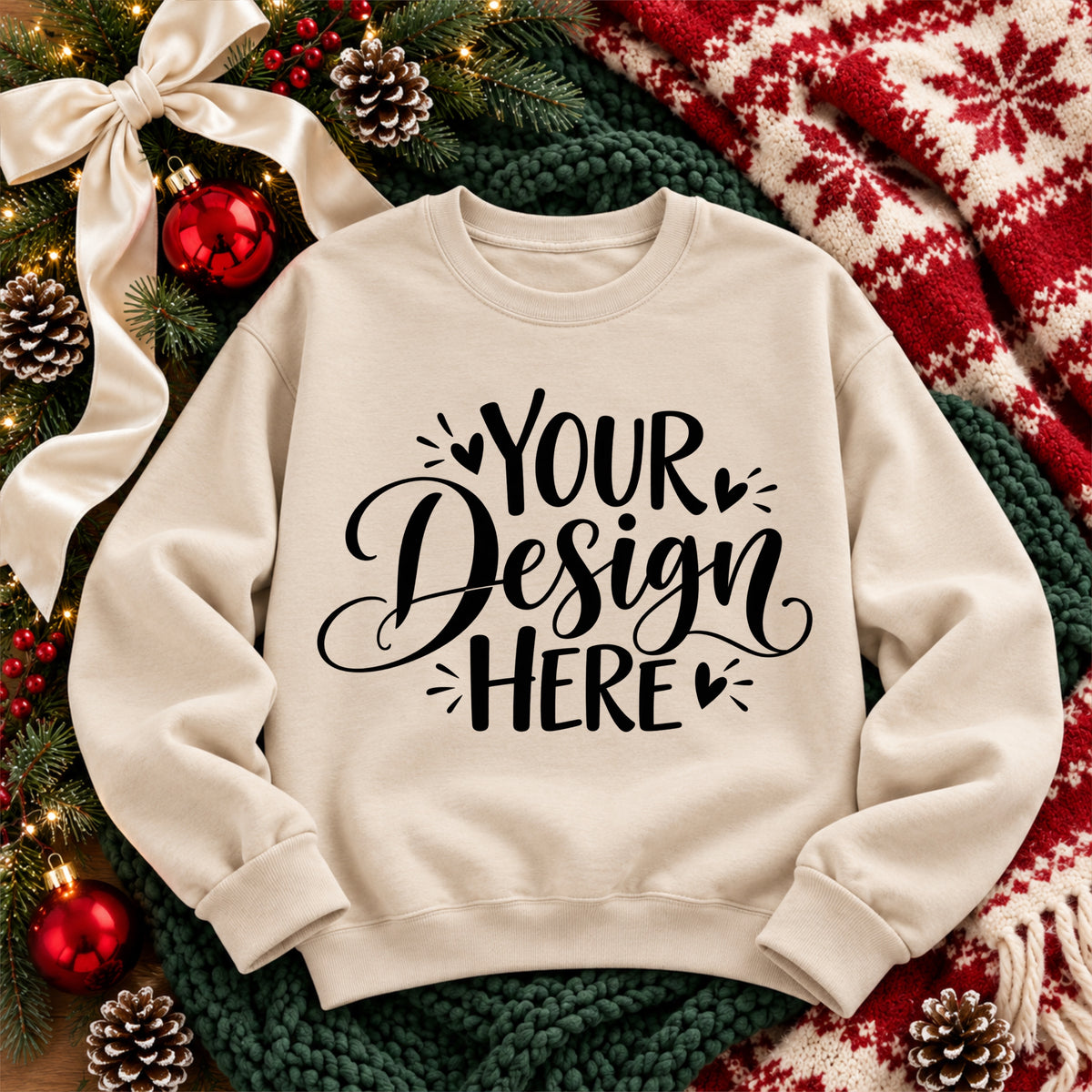 Christmas Crewneck Flat Lay Oatmeal