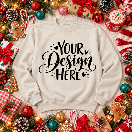Christmas Crewneck Flat Lay Oatmeal