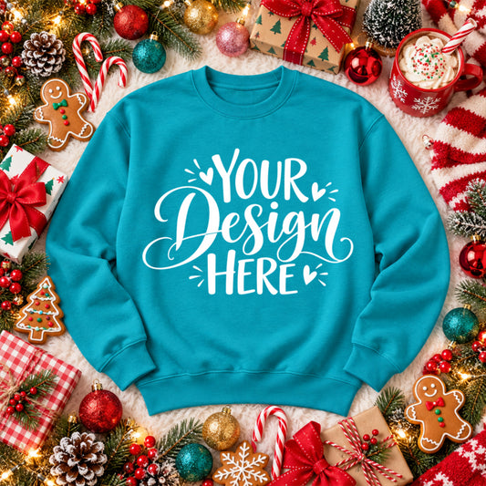 Christmas Crewneck Flat Lay Teal Blue