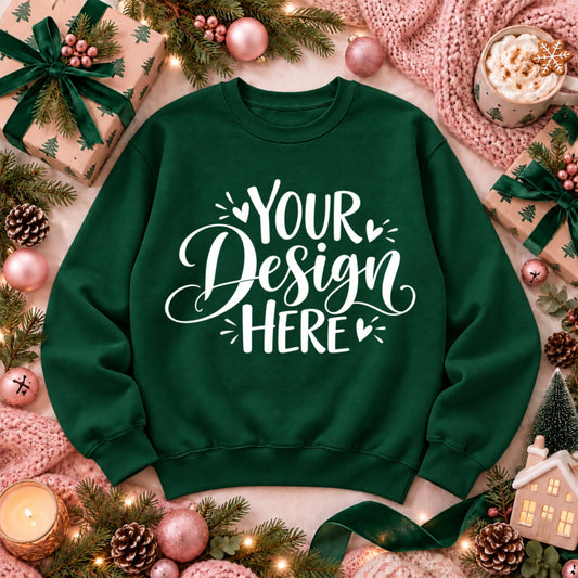 Christmas Crewneck Flat Lay Forest Green