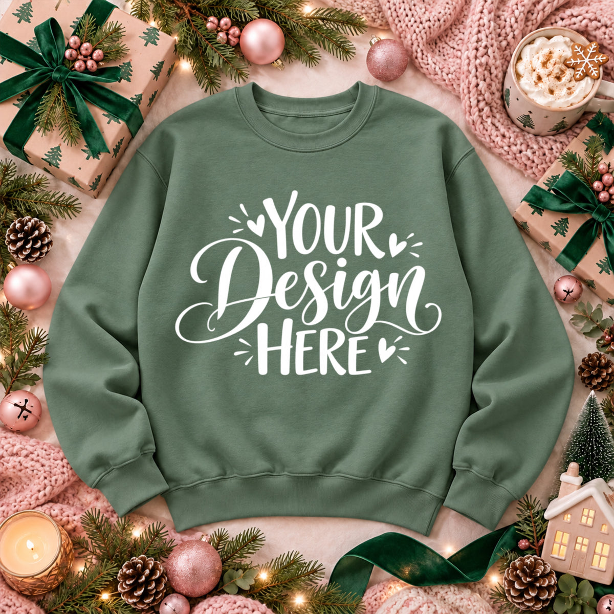 Christmas Crewneck Flat Lay Sage Green