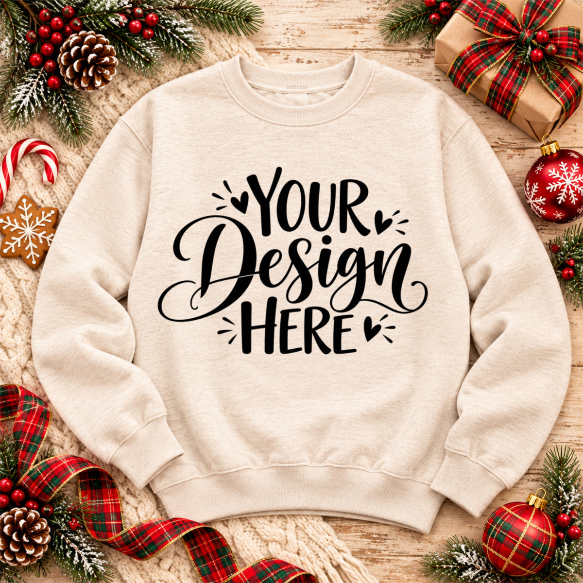 Christmas Crewneck Flat Lay Oatmeal