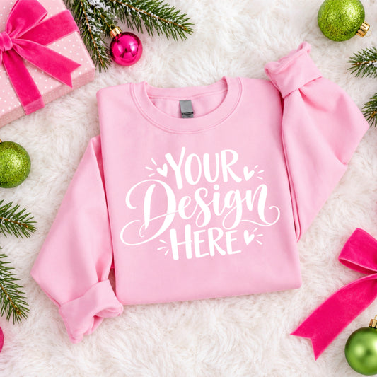 Christmas Crewneck Flat Lay Folded Light Pink