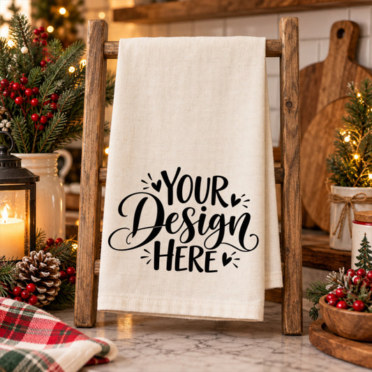 Christmas Kitchen Towel Mockup Rustic Counter Display