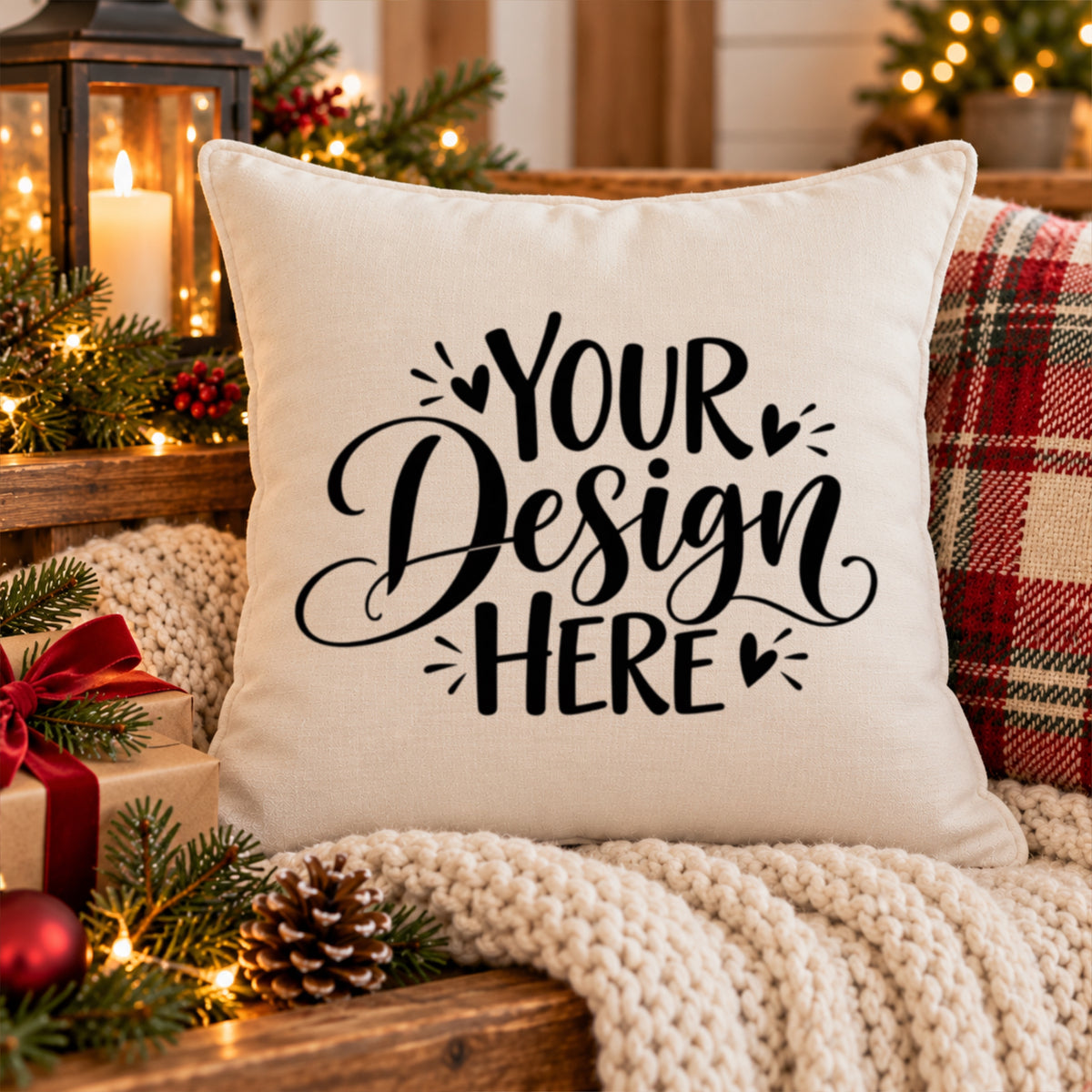 Christmas Pillow Mockup Oatmeal Rustic Farmhouse