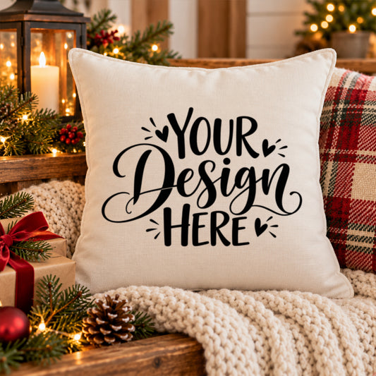 Christmas Pillow Mockup Oatmeal Rustic Farmhouse
