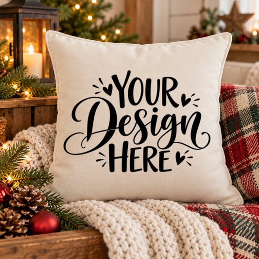 Christmas Throw Pillow Mockup Cream Cozy Rustic