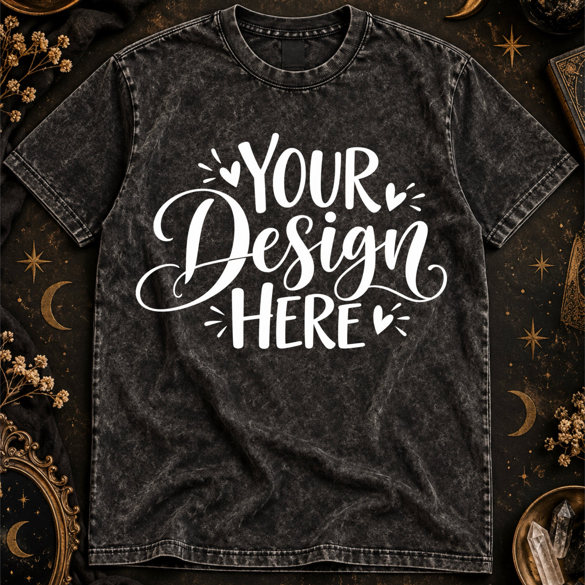 Moon & Stars T-Shirt Mockup – Black Acid Wash Fantasy Flat Lay