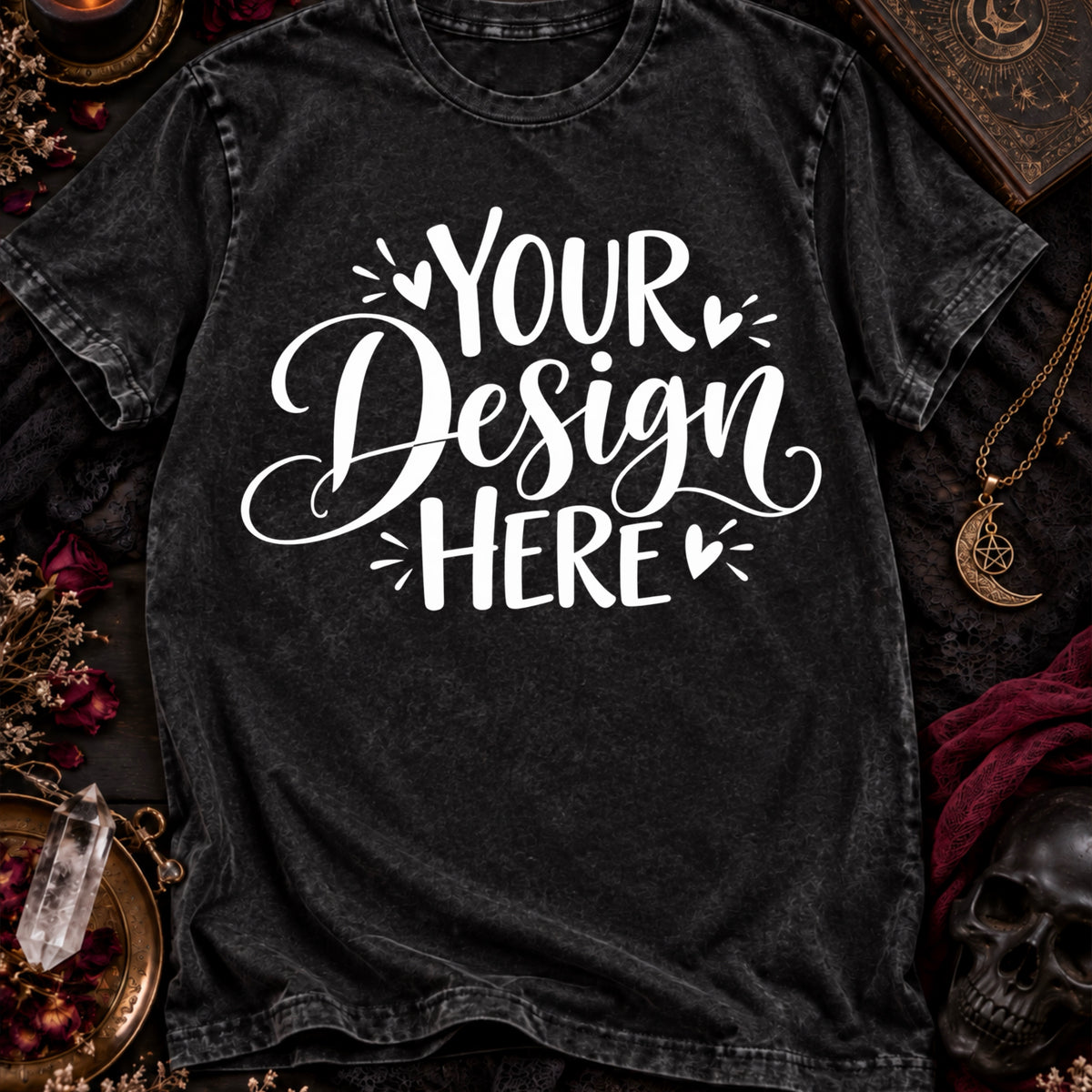 Celestial Witch T-Shirt Mockup – Black Acid Wash Mystical Flat Lay