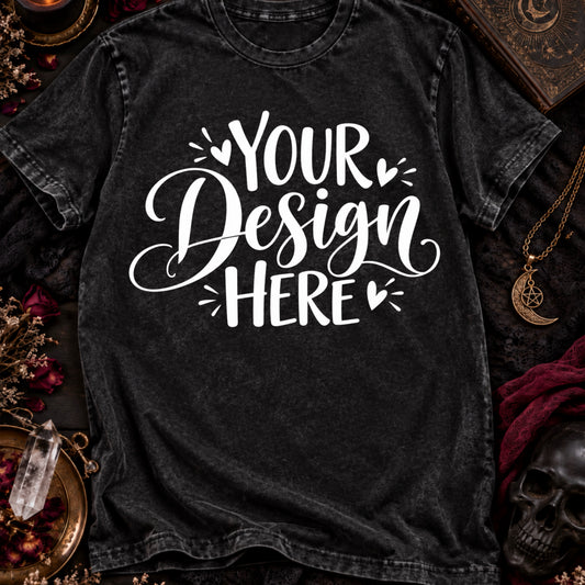 Celestial Witch T-Shirt Mockup – Black Acid Wash Mystical Flat Lay