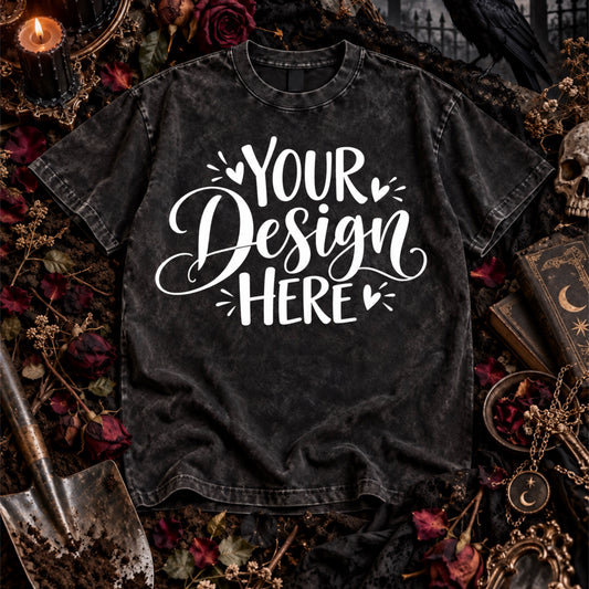 Gothic Witchy T-Shirt Mockup – Black Acid Wash Flat Lay
