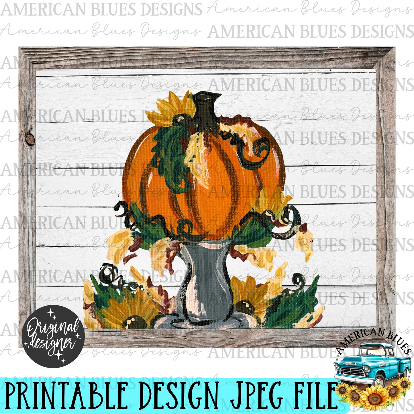 Fall painted pumpkin & sunflowers printable art | American Blues Designs