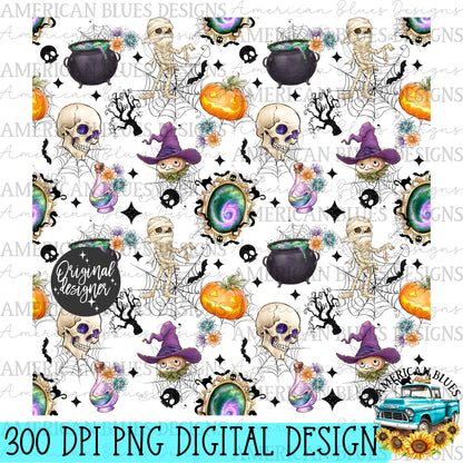 Spooky witch & mummy seamless pattern