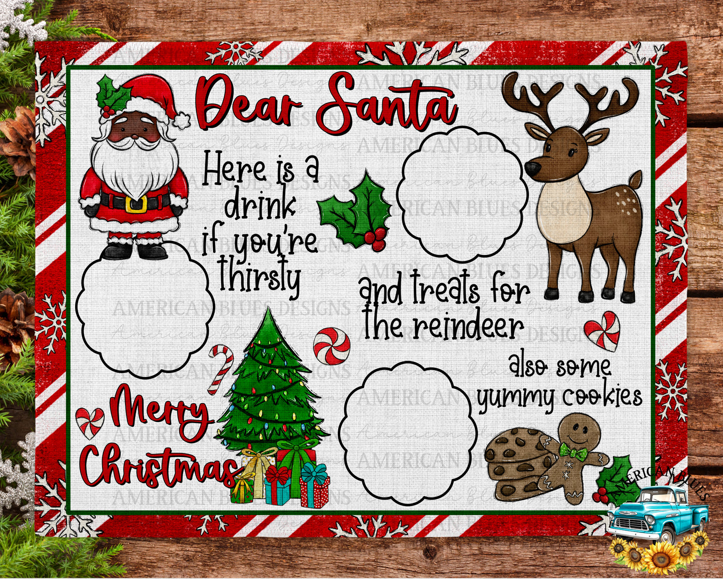 Santa cookie & treats placemat design- dark skin tone | American Blues Designs