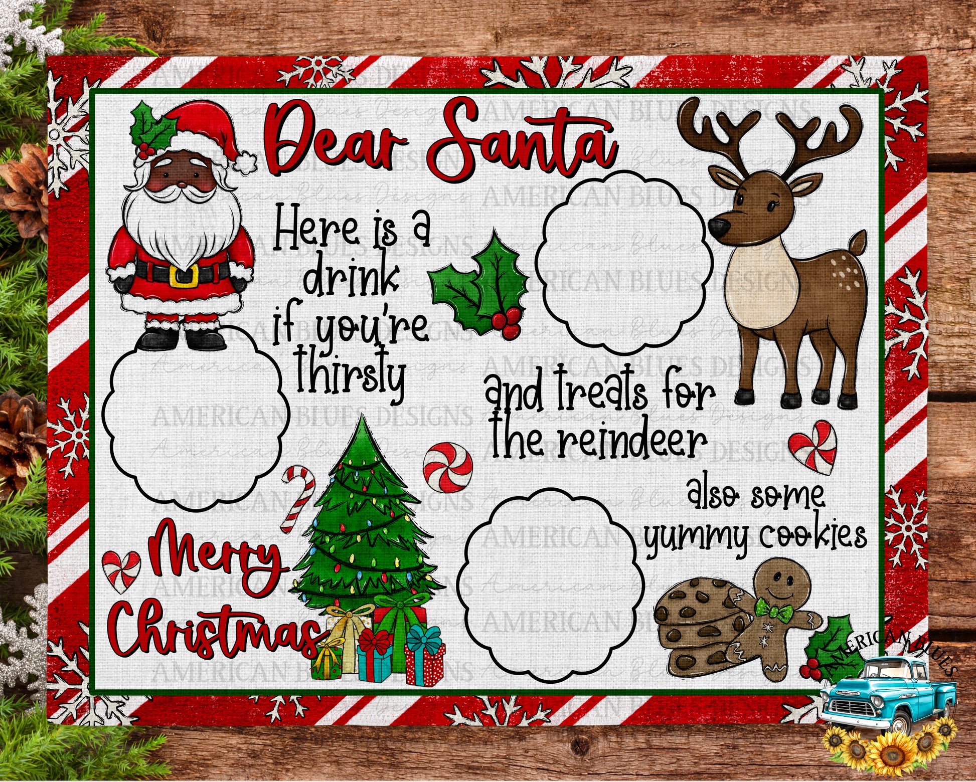 Santa cookie & treats placemat design- dark skin tone | American Blues Designs