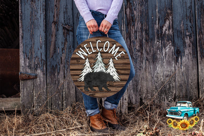 Welcome bear door hanger- log cabin background