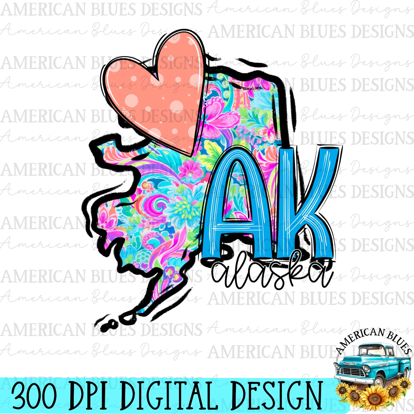 Alaska- state heart digital design | American Blues Designs