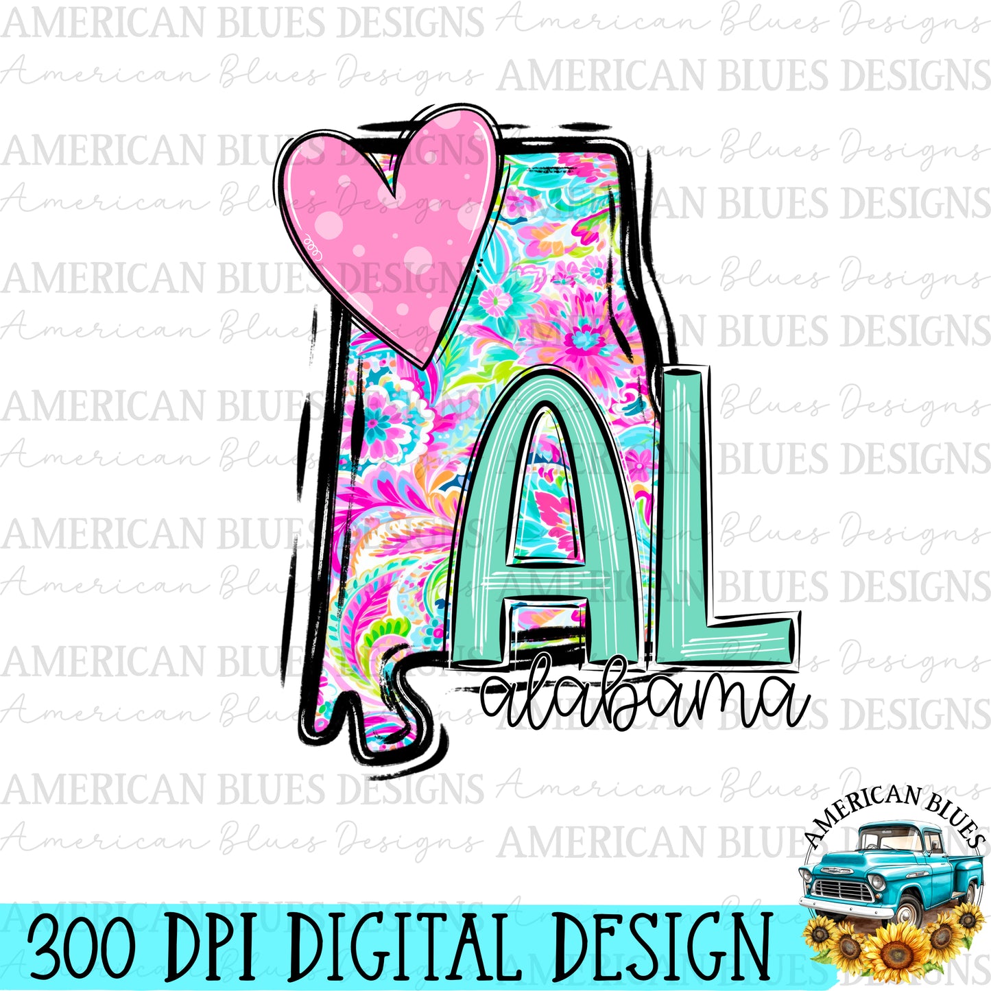 Alabama- state heart digital design | American Blues Designs