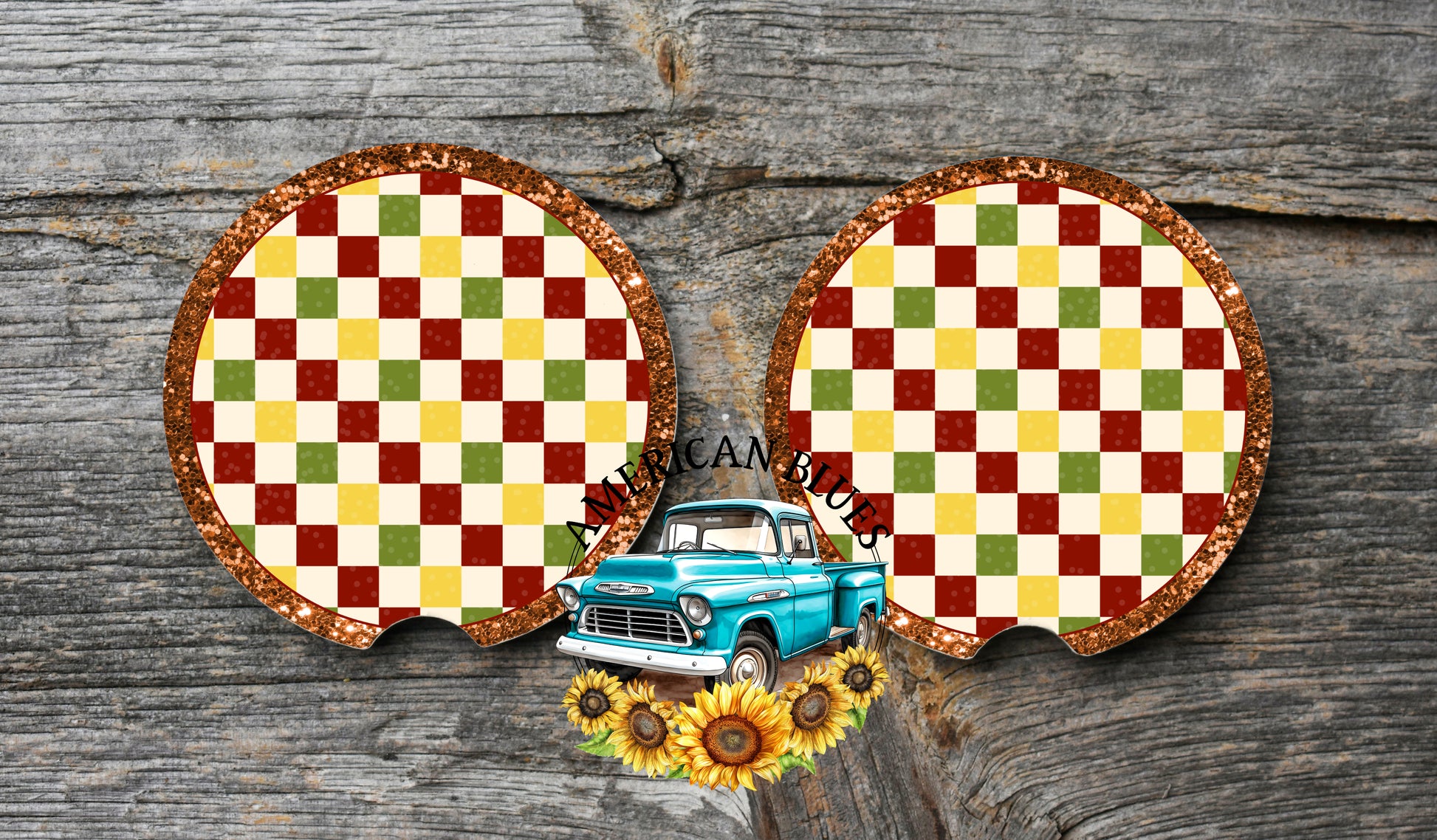 fall checkered car coaster digital design | American Blues Designs