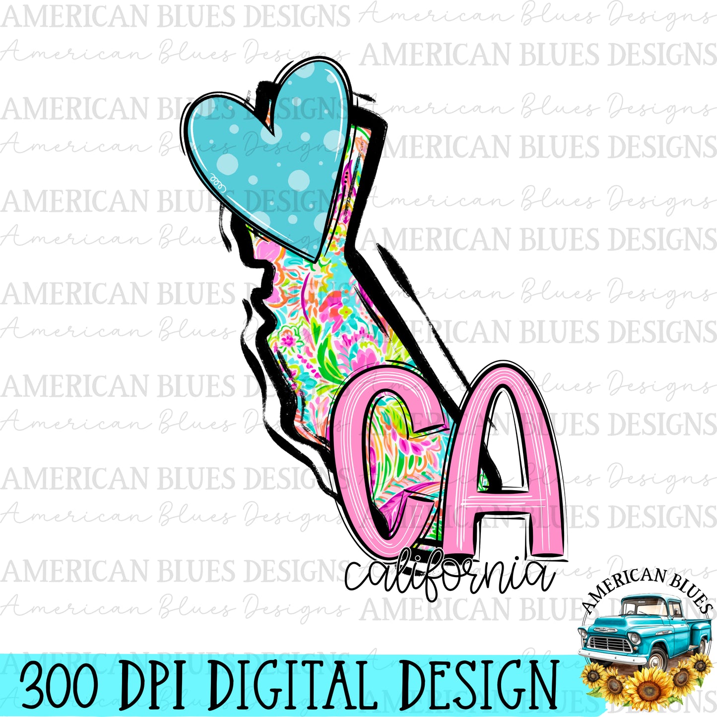 California- state heart digital design | American Blues Designs