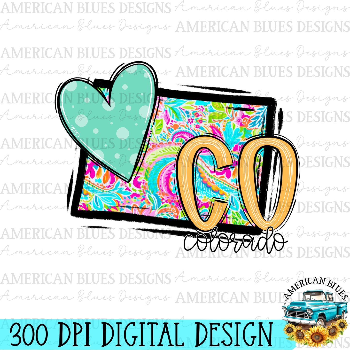 Colorado- state heart digital design | American Blues Designs