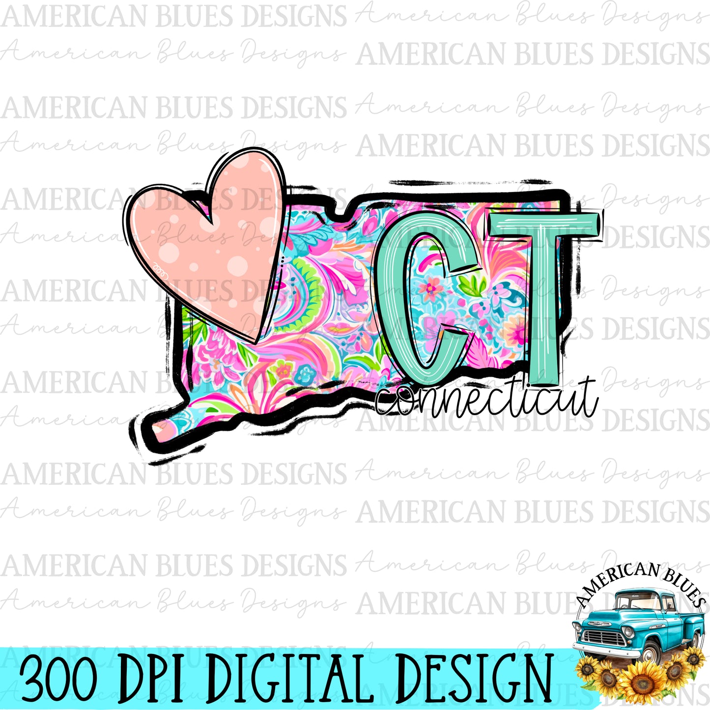 Connecticut- state heart digital design | American Blues Designs