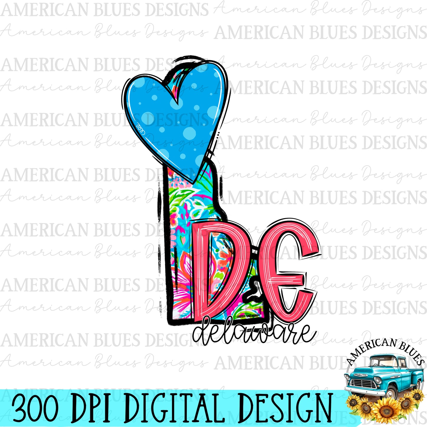 Delaware- state heart digital design | American Blues Designs