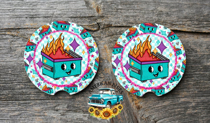 Cute dumpster fire car coaster