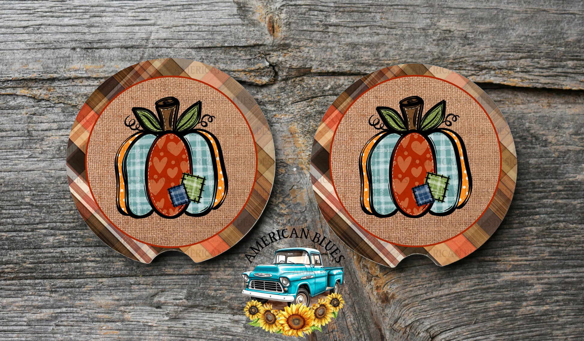 Patchwork Pumpkin car coaster digital design | American Blues Designs