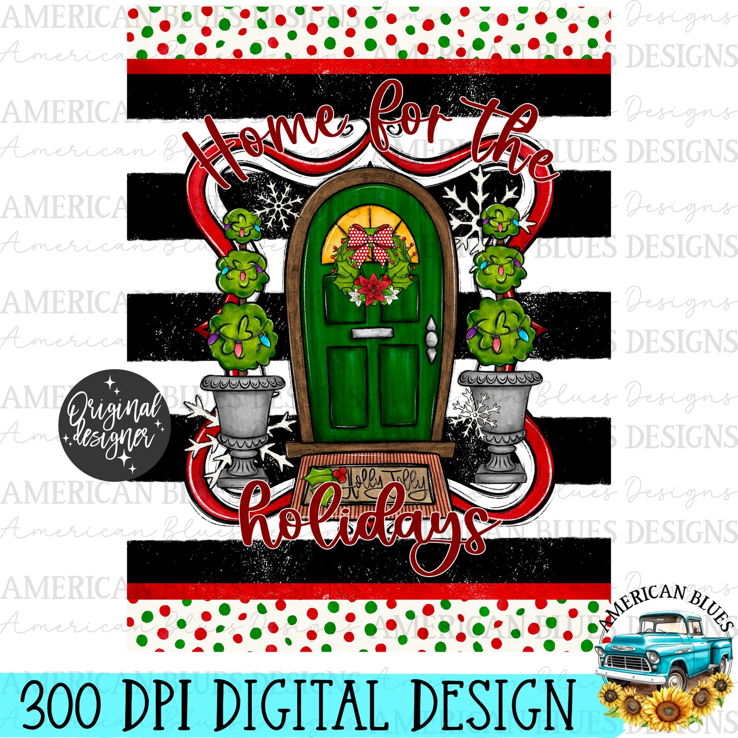 Home for the Holidays- polka dot and stripes Garden Flag digital design | American Blues Designs