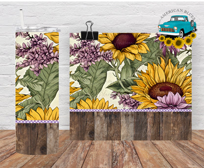 Vintage Lilacs & Sunflowers with barnwood 20 oz straight tumbler wrap