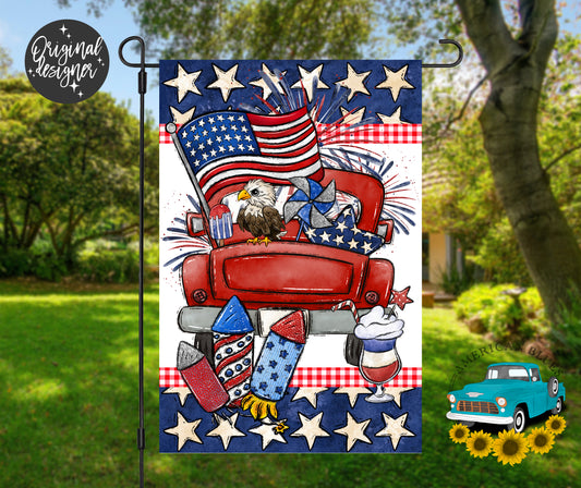 Patriotic truck garden flag 12x18