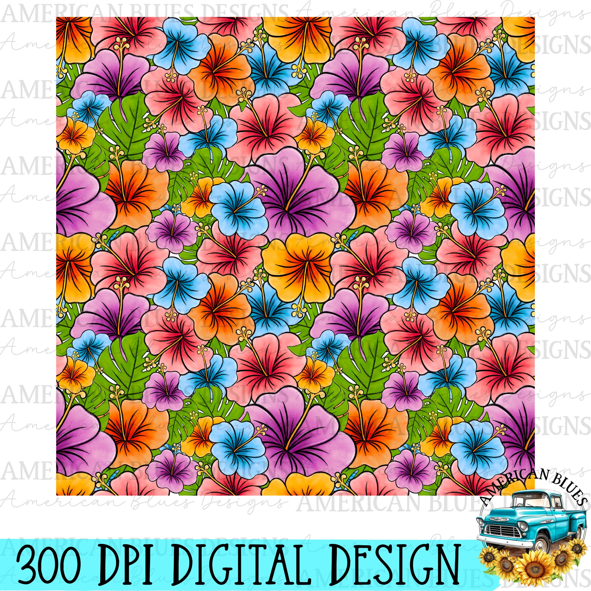 Tropical Hibiscus Seamless Pattern digital design | American Blues Designs