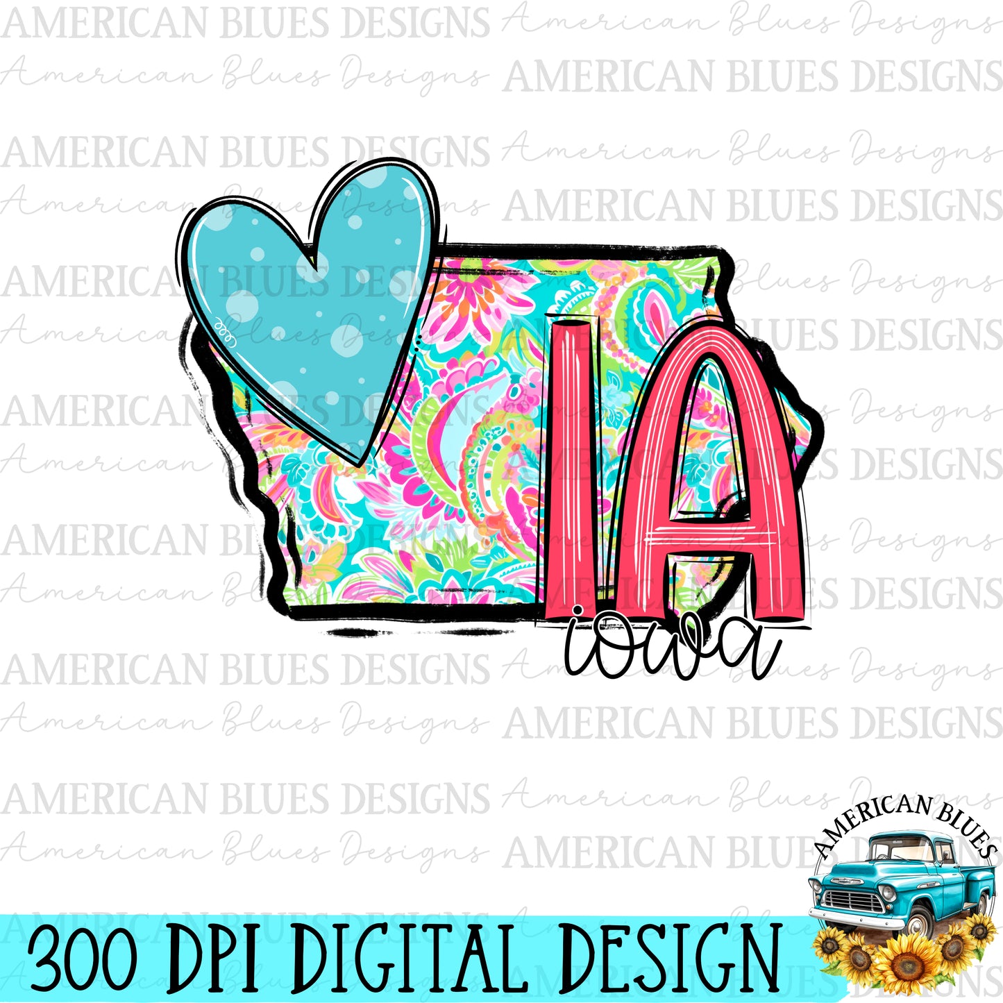 Iowa- state heart digital design | American Blues Designs