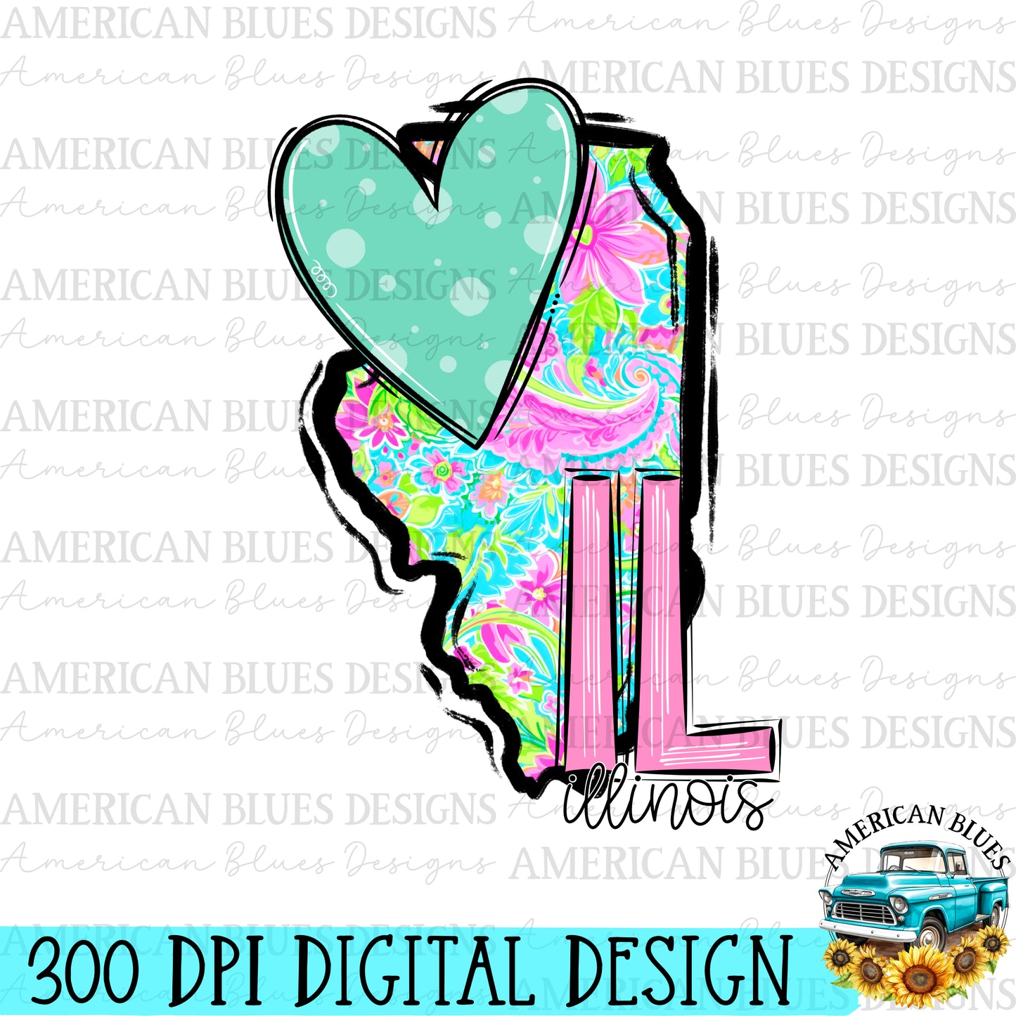 Illinois- state heart digital design | American Blues Designs